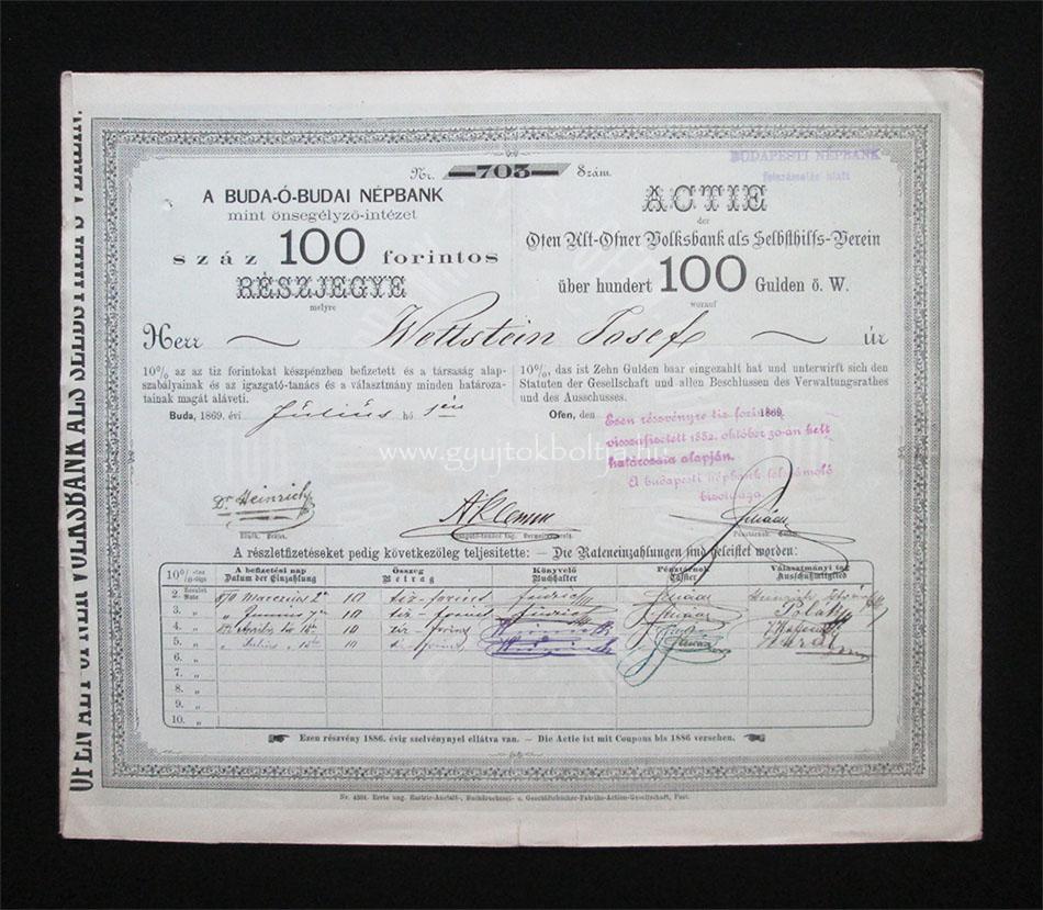Buda-Óbudai Népbank mint Önsegélyzõ Intézet 100 forint 1869